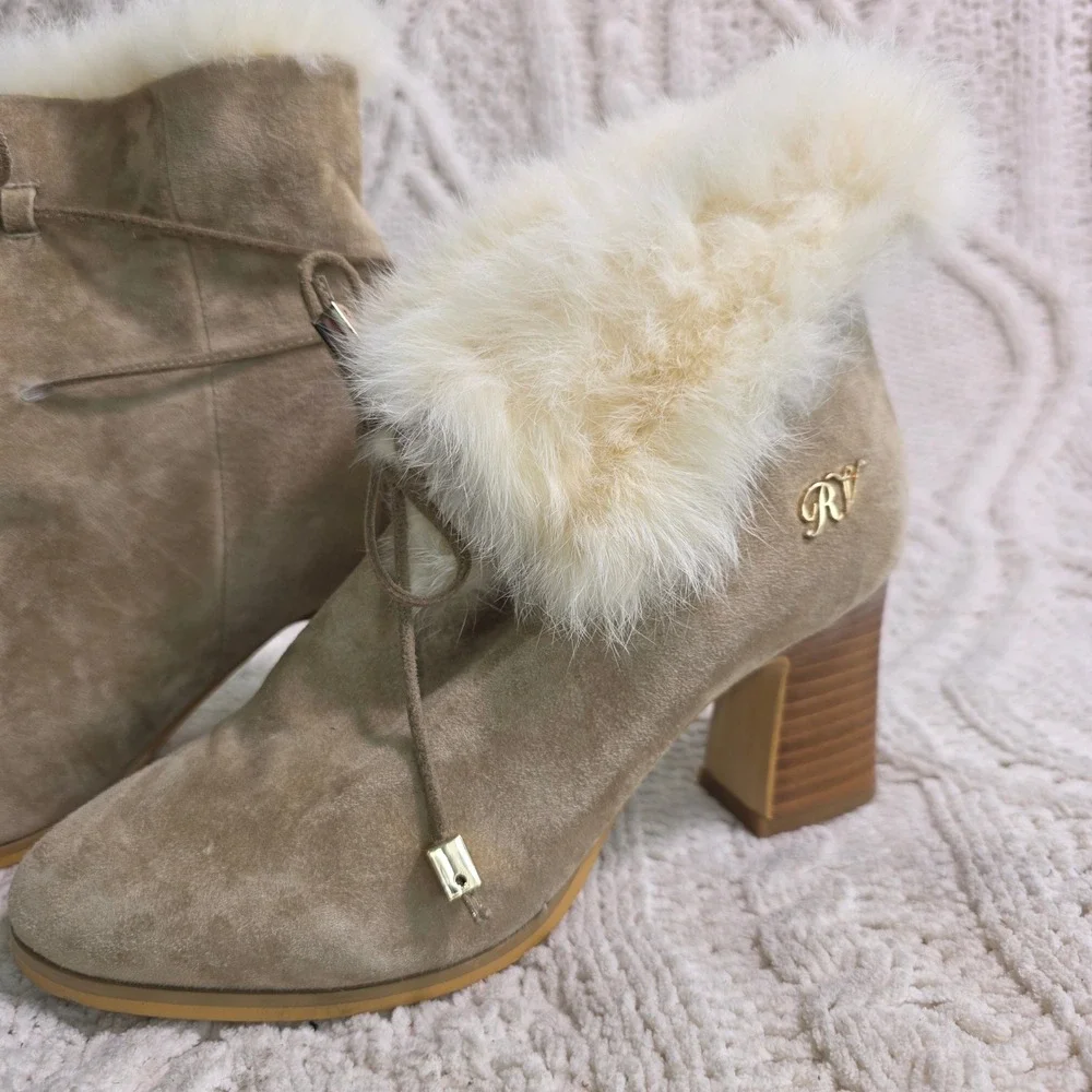 RV Roger Vivier Taupe‎ Suede Leather Fox Fur Lined Ankle Boots Women 36 5.5 6